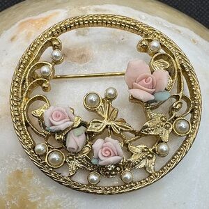 Vintage Goldtone Floral Porcelain Rose Brooch with Faux Pearls - Women Jewelry